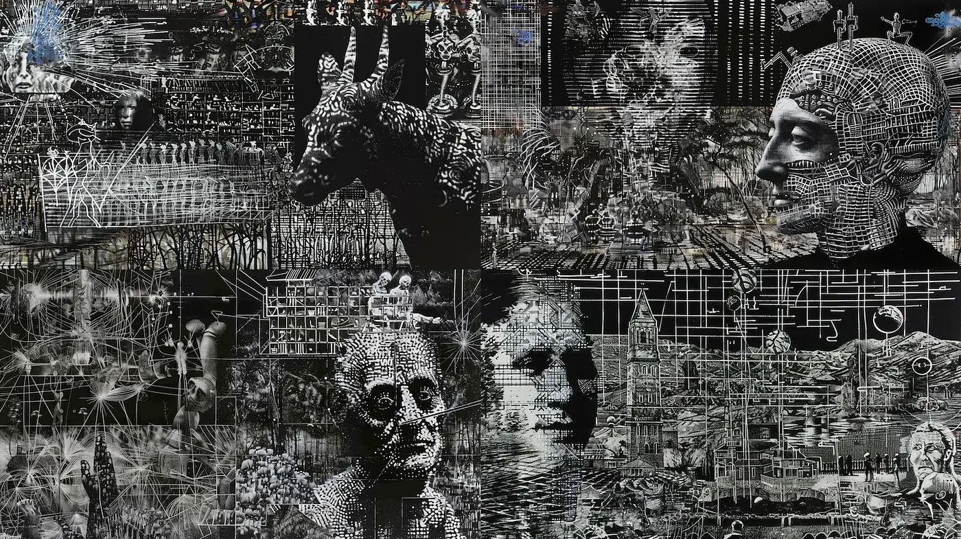Complexly Layered Black and White Art with Digital Aesthetics - Midjourney sref style