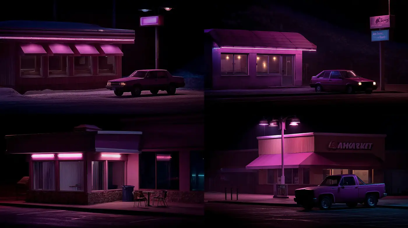 Surreal Neon Aesthetic with a Nostalgic Urban Landscape - Midjourney sref style