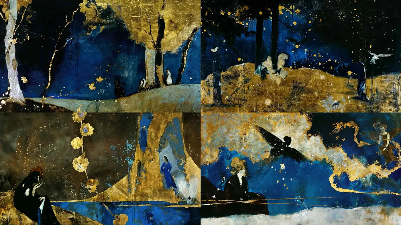 Celestial Dreamscape in Gold and Sapphire Tones - Midjourney sref style