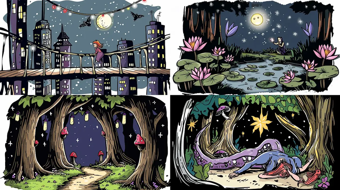 Whimsical Nighttime Illustrations with a Playful Edge - Midjourney sref style