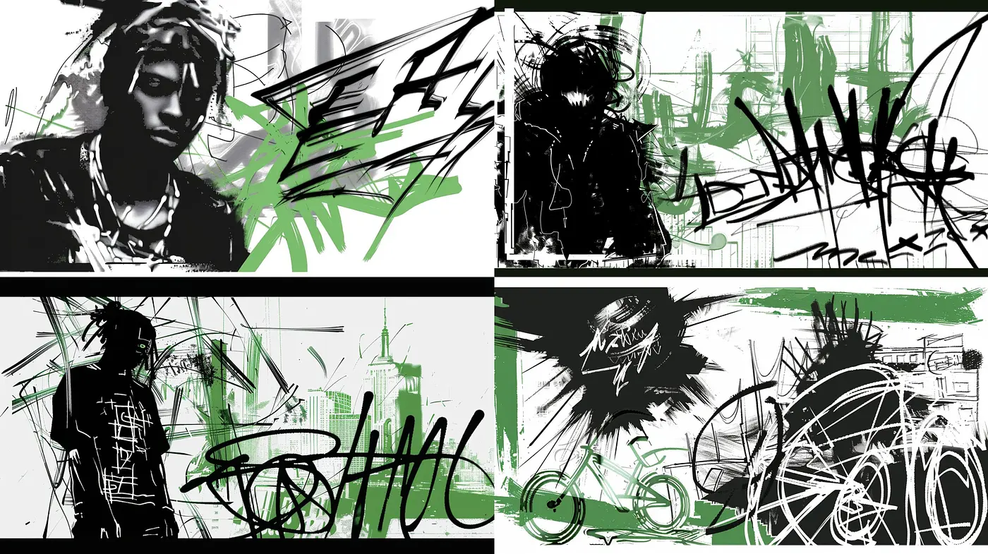 Monochrome Urban Dynamic: A Harmony of Abstract Expressionism and Graffiti - Midjourney sref style