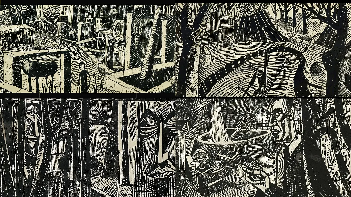 Interlaced Shades of Noir: A Homage to Expressionist Woodcuts - Midjourney sref style