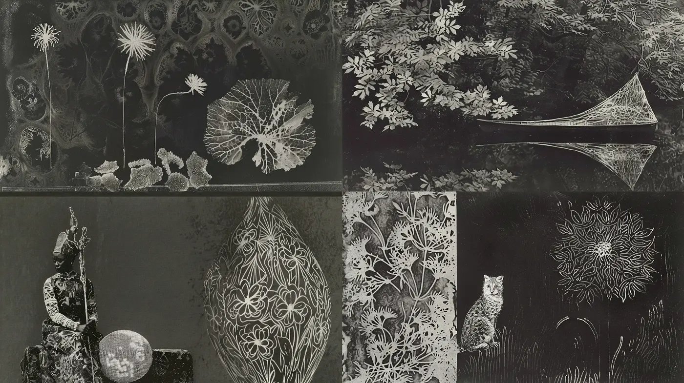 Monochromatic Botanical Etching Aesthetic with Surreal Overtones - Midjourney sref style