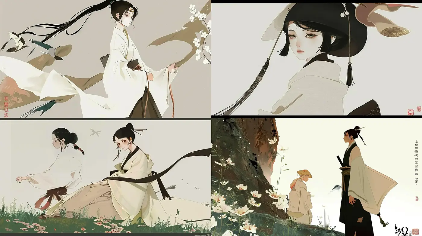 Elegant Fusion of Traditional Asian Aesthetics with Modern Illustrative Techniques - Midjourney sref style