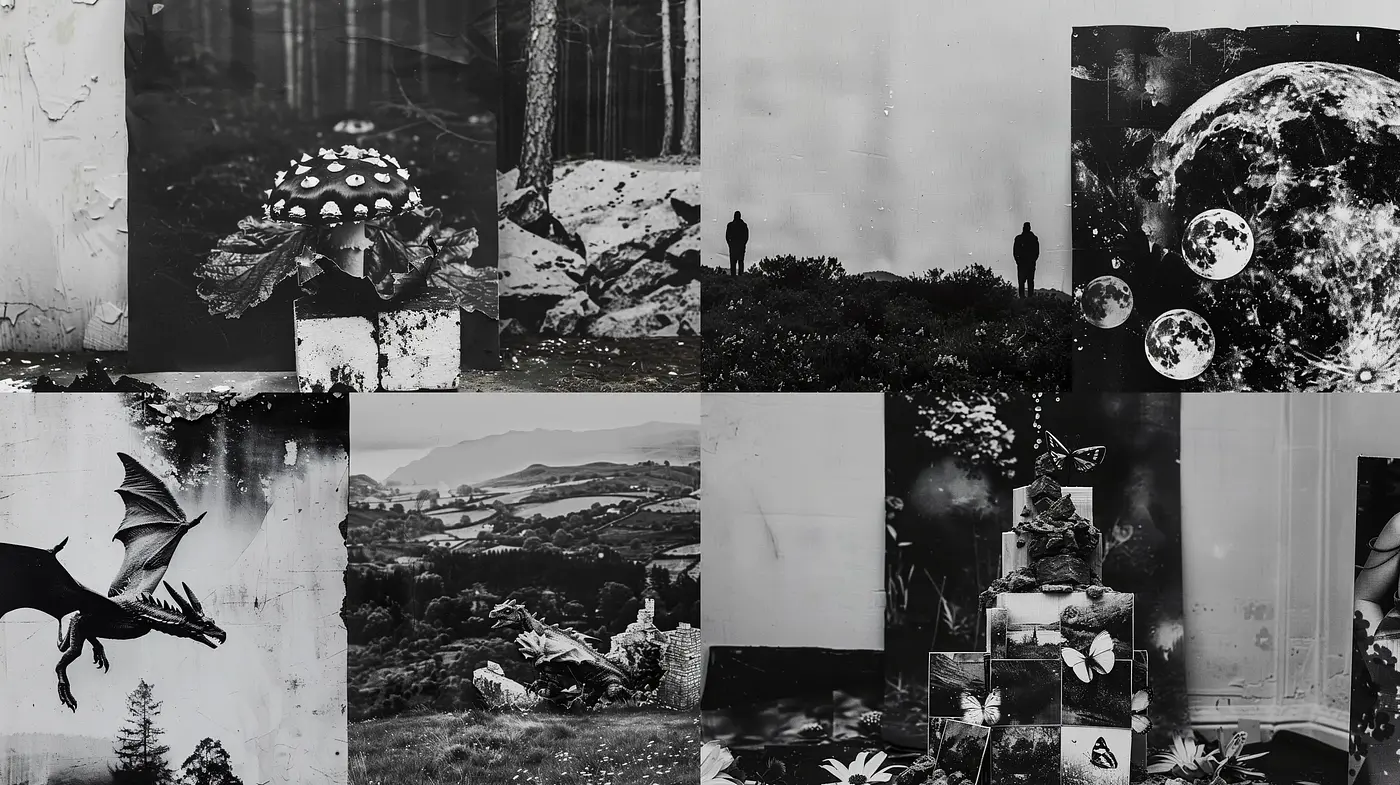 Monochrome Montage of Surrealist Dreamscape Elements - Midjourney sref style