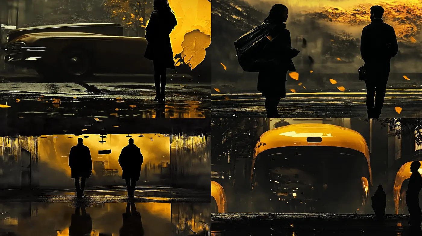 Translucent Silhouettes and Amber Reflections - Midjourney sref style