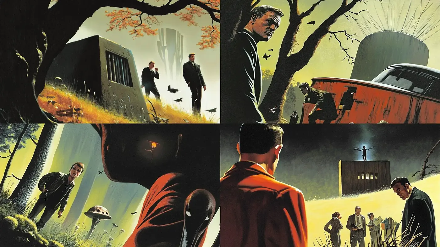 Noir-Inspired Cinematic Visions with a Retro Pulp Art Twist - Midjourney sref style