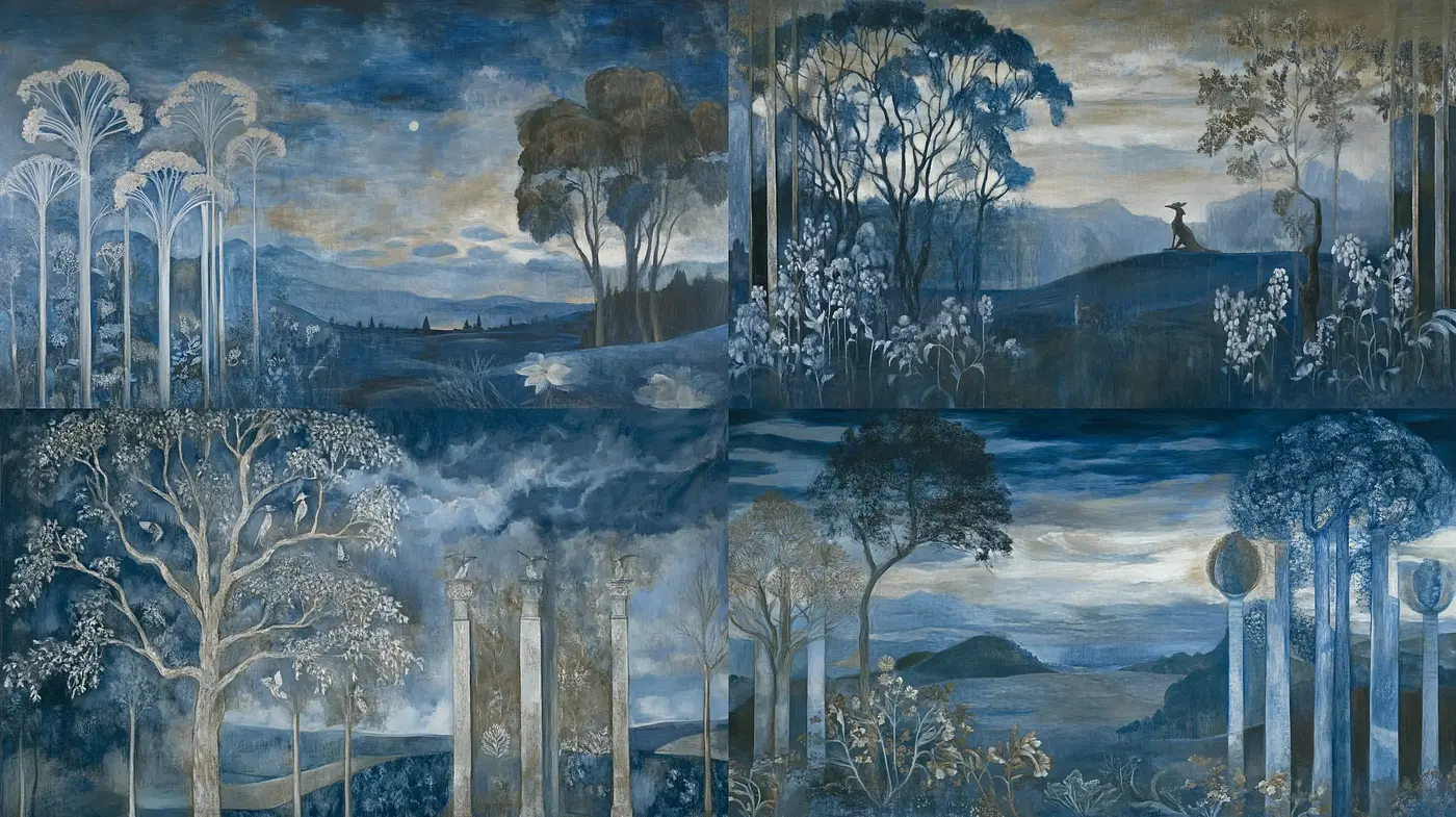 Twilight Tapestry: A Blue Monochromatic Study of Dreamlike Landscapes - Midjourney sref style