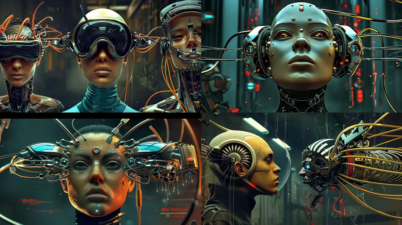 Futuristic Cybernetic Symbiosis with Neon-Infused Atmosphere - Midjourney sref style