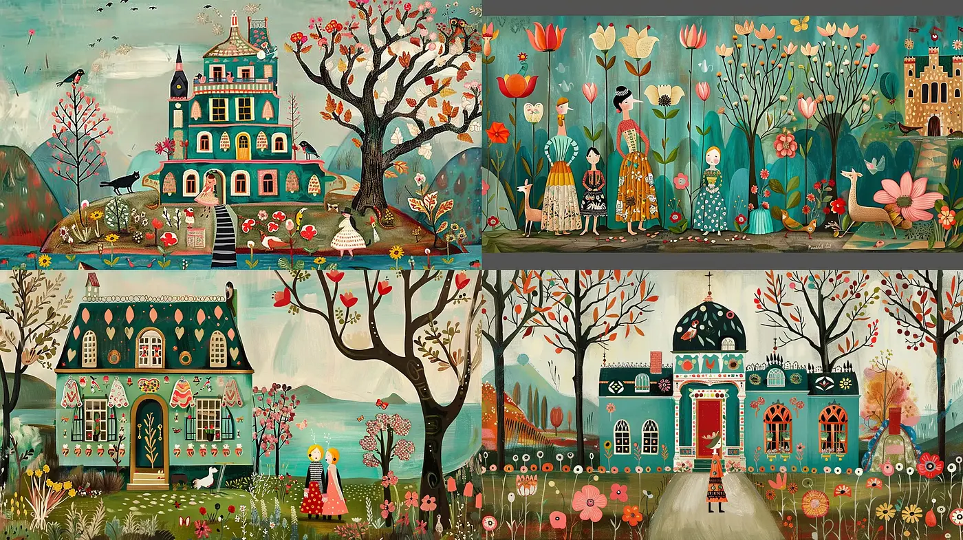 Whimsical Storybook Cottages in an Enchanted Floral Landscape - Midjourney sref style