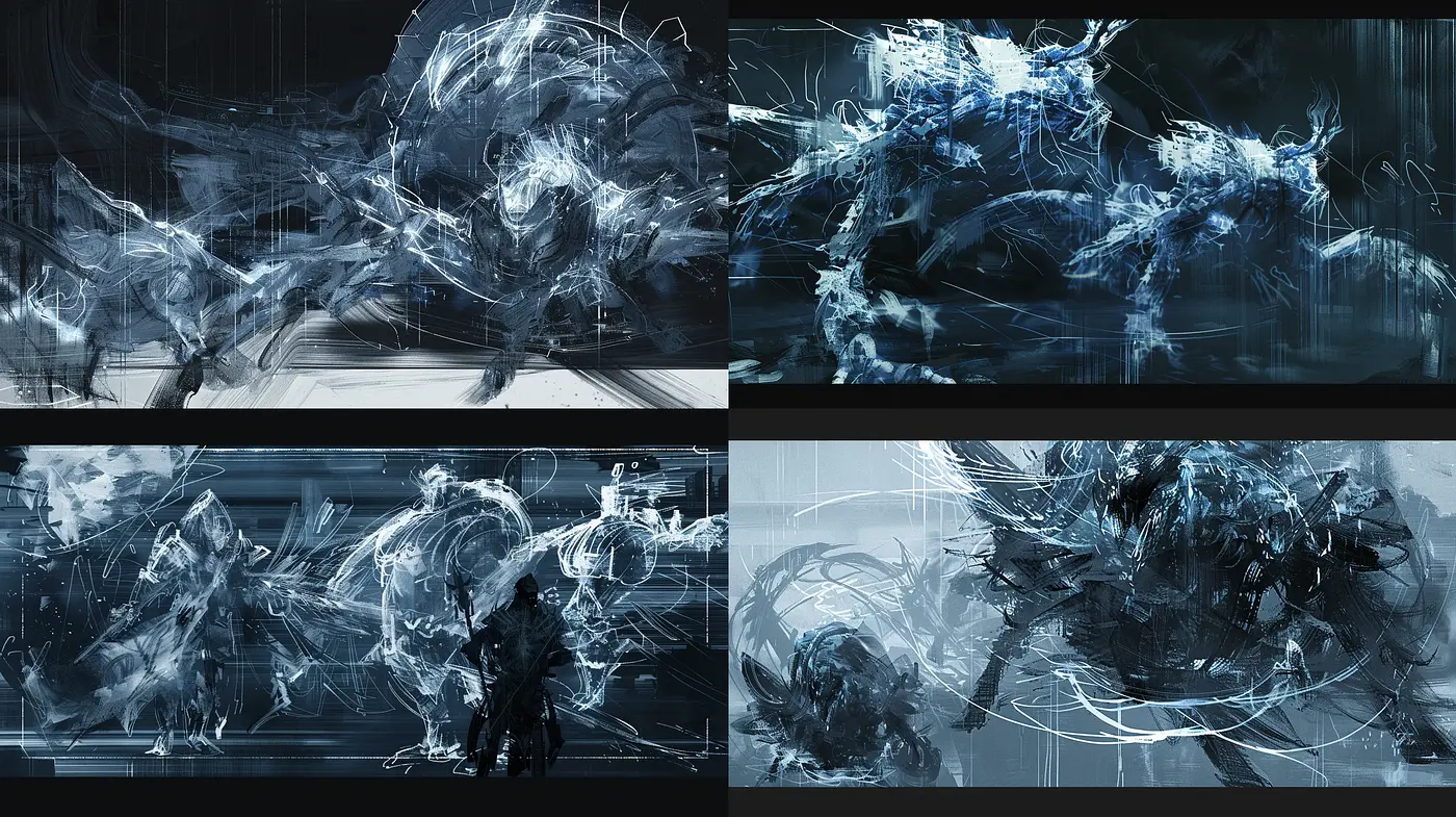 Ethereal Brushstroke Chaos: Coalescence of Vigorous Textures and Monochromatic Scheme - Midjourney sref style