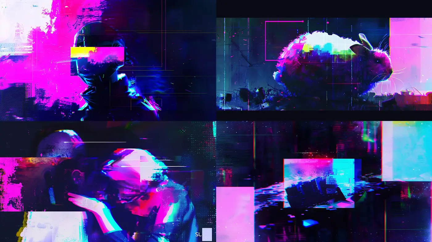 Cybernetic Dreamscape: A Digital Fusion of Glitch Art and Neon Noir - Midjourney sref style