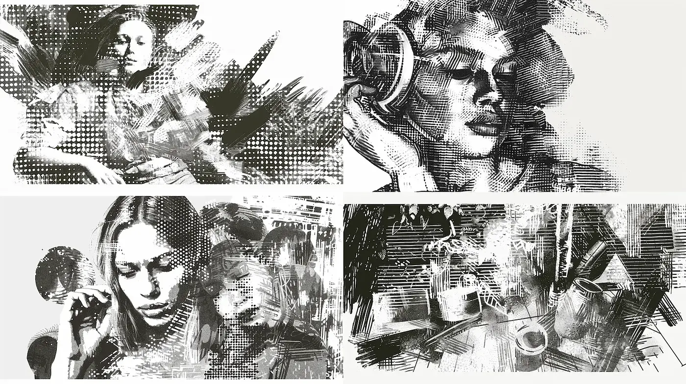 Dynamic and expressive monochromatic illustrations with modern artistic flair - Midjourney sref style