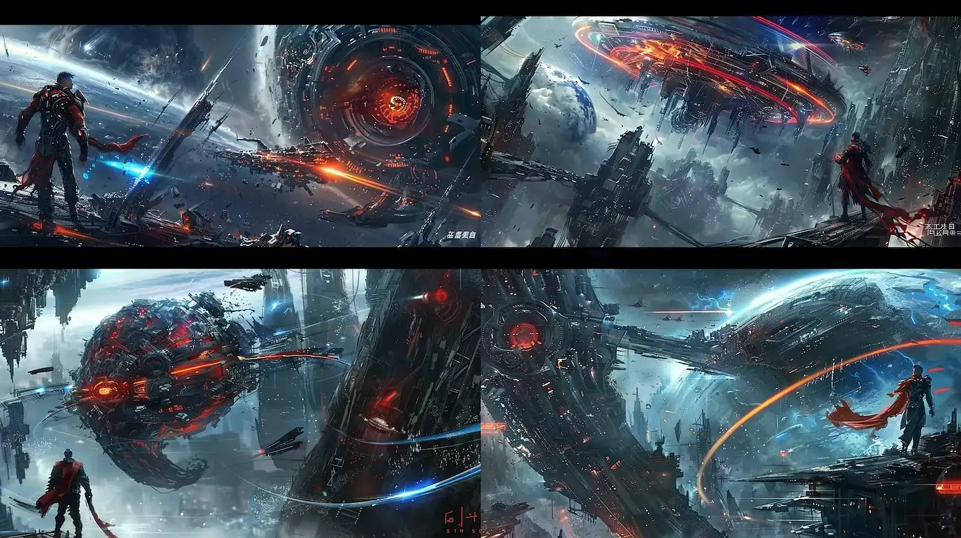 Futuristic Cyberpunk Space Scene with Intense Action Elements - Midjourney sref style