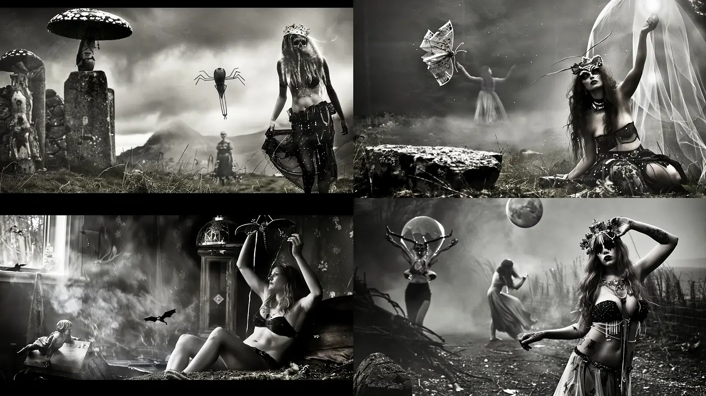 Ethereal Monochrome Dreamscape: A Consistent Exploration of Surreal and Gothic Elements - Midjourney sref style