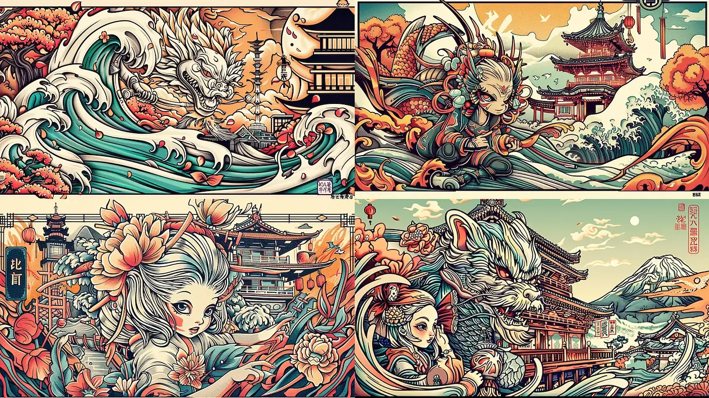Dynamic and Colorful Japanese-Influenced Art Featuring Traditional Elements and Modern Techniques - Midjourney sref style