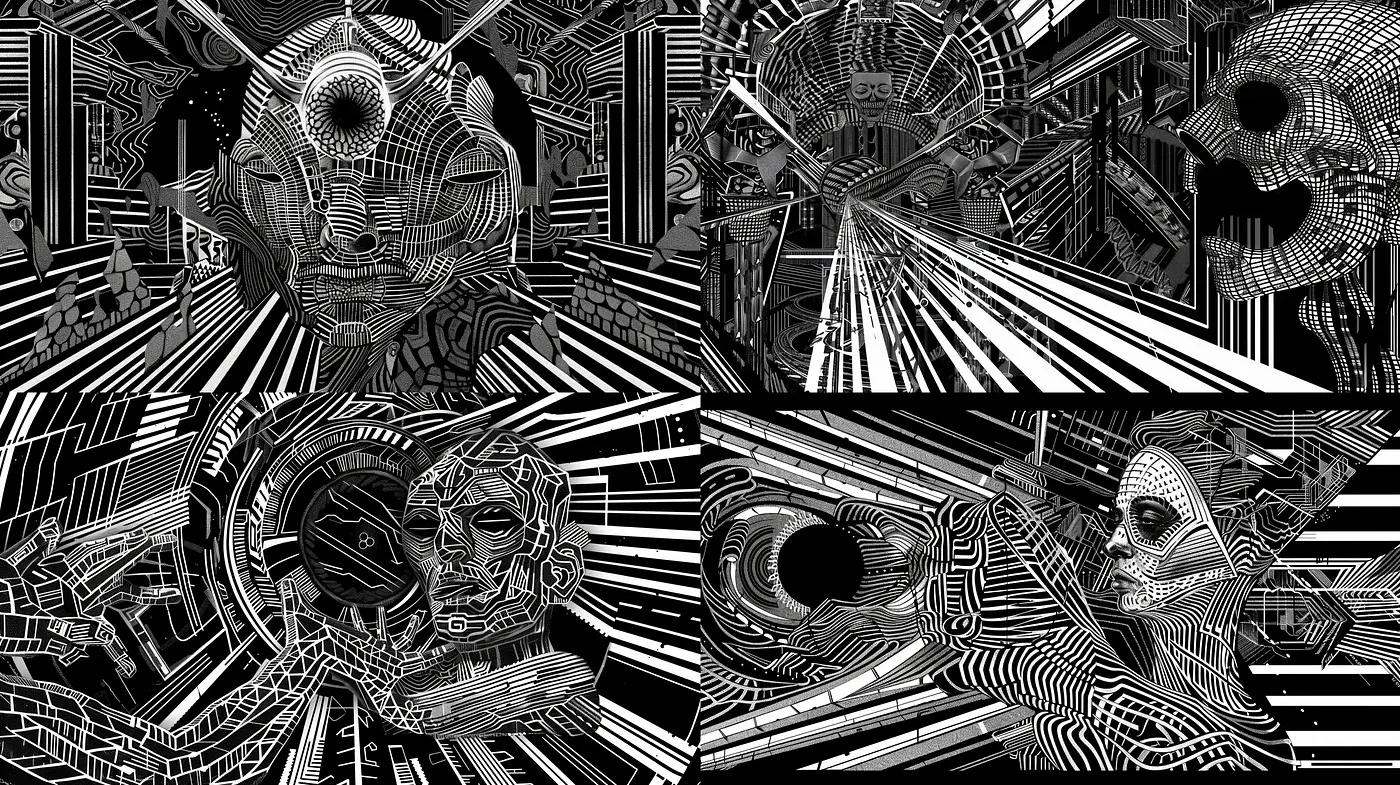 Monochromatic Cybernetic Complexity: An Interplay of Geometric and Organic Forms - Midjourney sref style