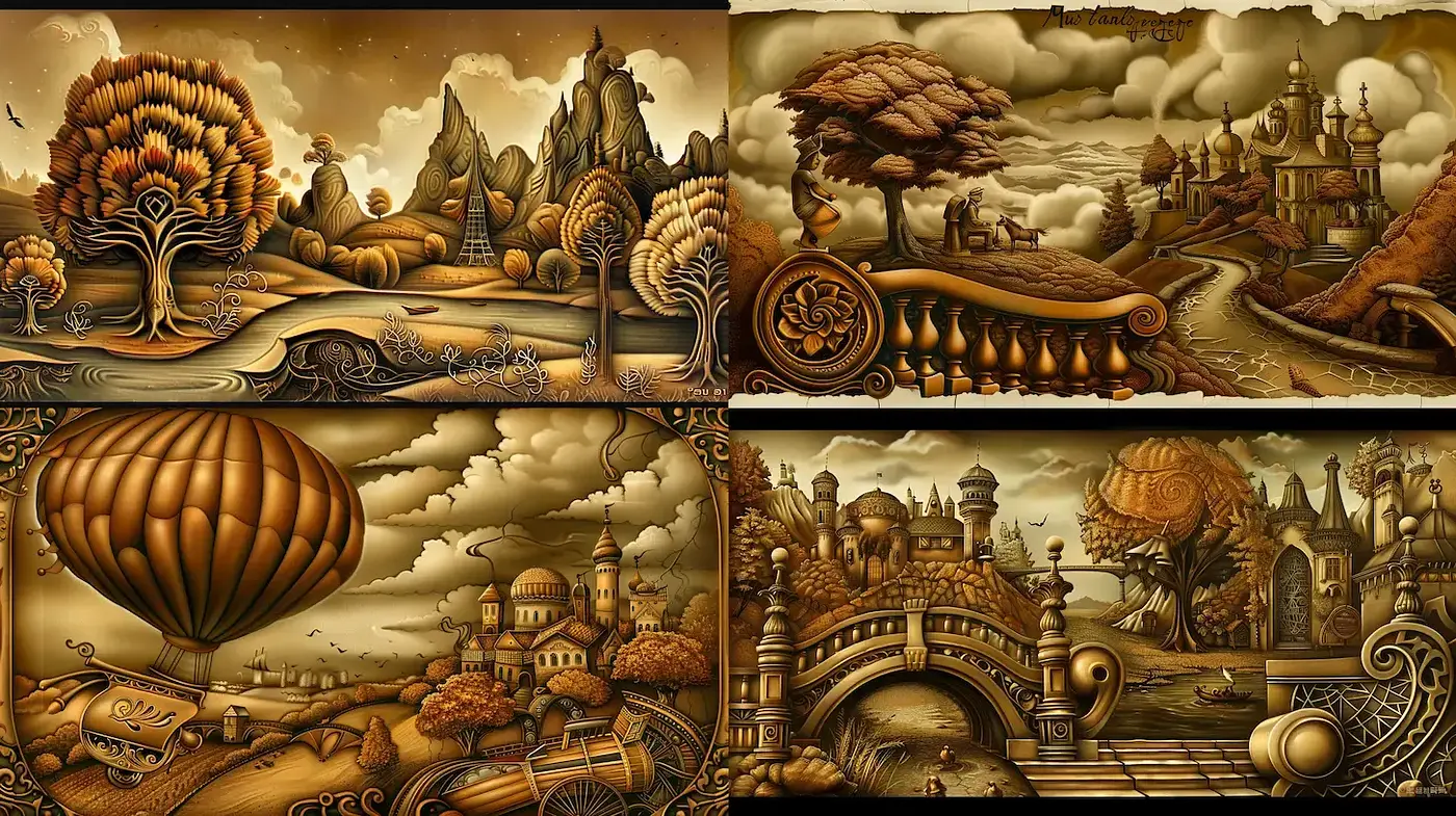 Dreamlike and Whimsical Steampunk Landscapes with Rich Textural Elements - Midjourney sref style