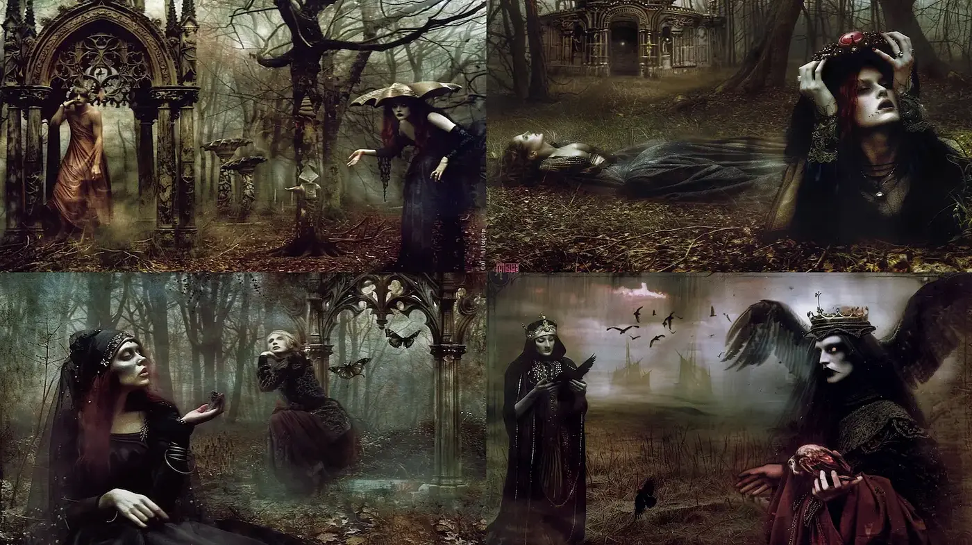 Mysterious Gothic Landscape with Ethereal Figures - Midjourney sref style