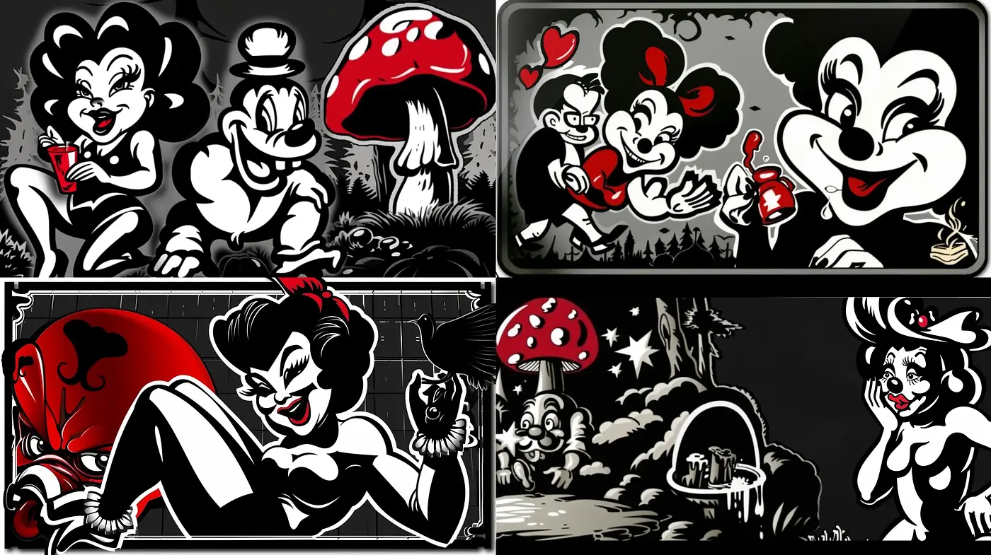 Monochromatic Vintage Cartoon Extravaganza - Midjourney sref style