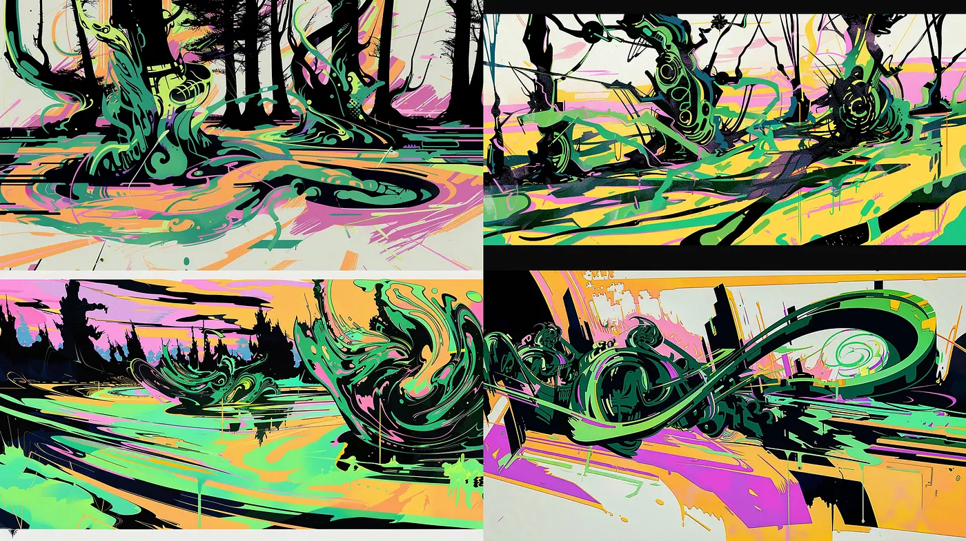 Synthesized Arboreal Dreamscape: A Fusion of Vivid Hues and Fluid Organic Forms - Midjourney sref style
