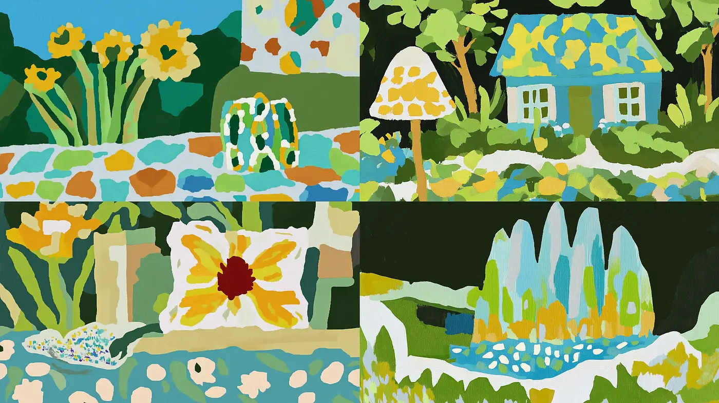 Cheerful Garden Scenes in Simplified Forms with a Naive Art Sentiment - Midjourney sref style