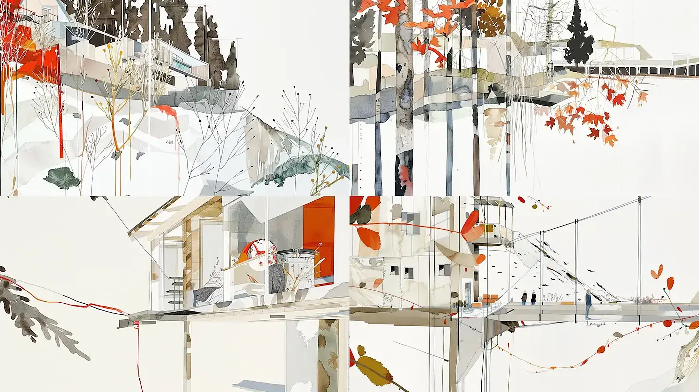 Minimalist yet intricate portrayal of architectural landscapes in a soft palette - Midjourney sref style