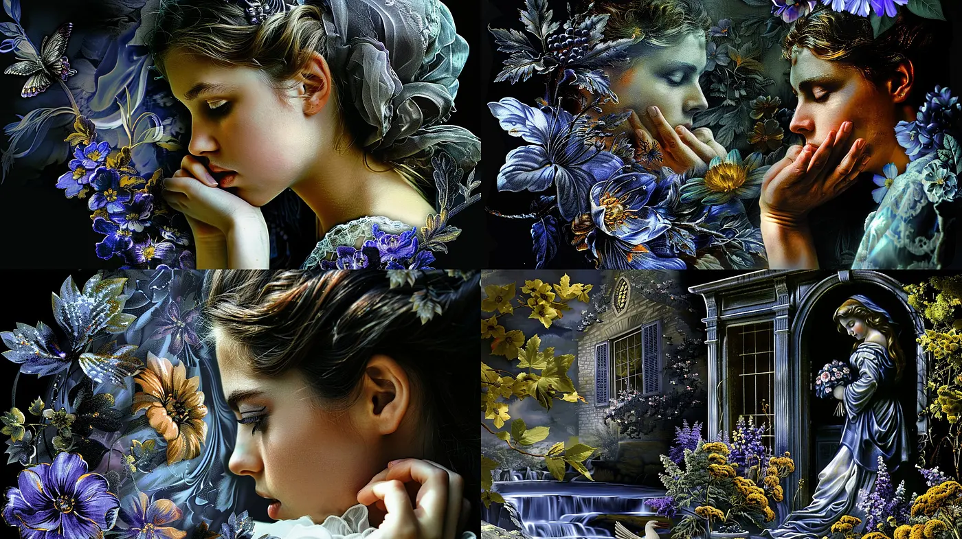 Nocturnal Botanical Dream: An Enigmatic Fusion of Florals and Midnight Hues - Midjourney sref style