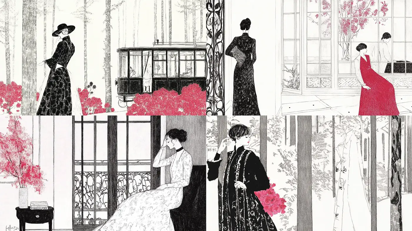 Ethereal Elegance in Monochromatic Harmony with Crimson Flourishes - Midjourney sref style