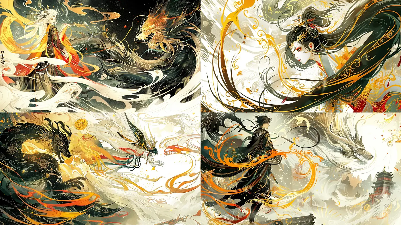 Ethereal Brushstrokes: A Fusion of Traditional Asian Art and Dynamic Abstraction - Midjourney sref style