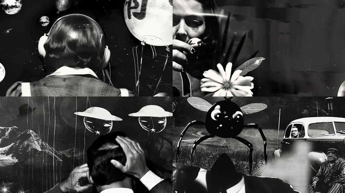 Intriguingly Surreal Black and White Collage with Retro Aesthetic - Midjourney sref style