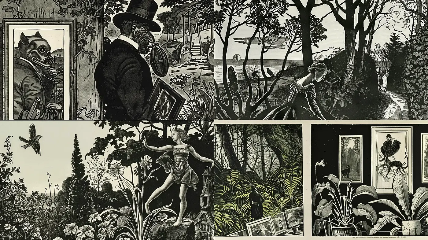 Monochromatic Engraving Essence with Surrealist Overtones - Midjourney sref style