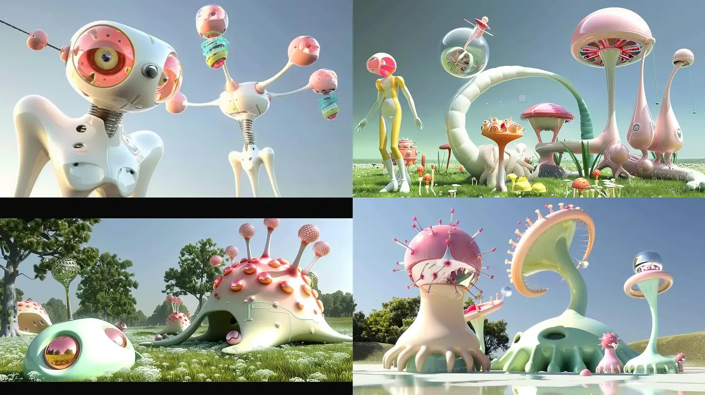 Surreal Candy-Colored Dreamscape in 3D Animation - Midjourney sref style