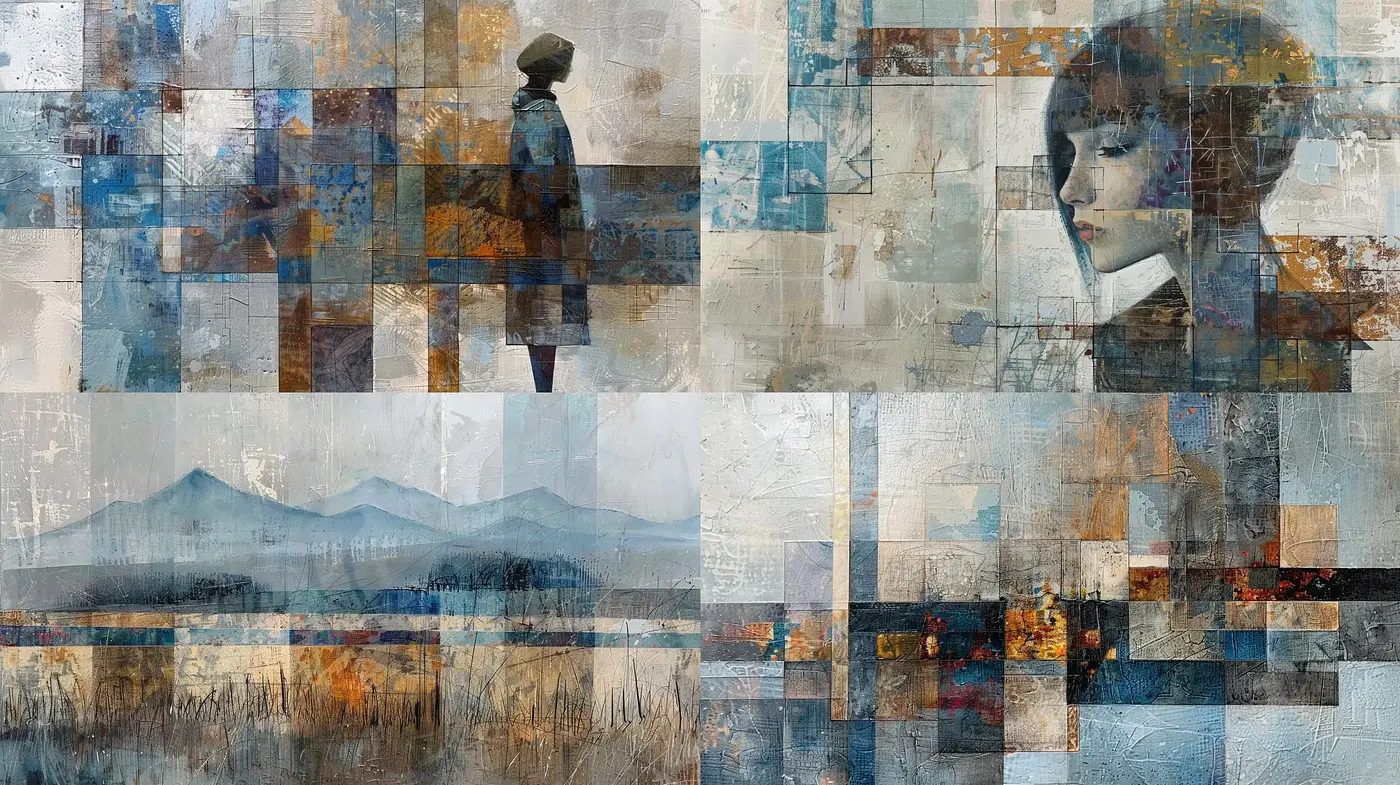 Fragmented Serenity: A Mosaic of Muted Tones and Subtle Textures - Midjourney sref style