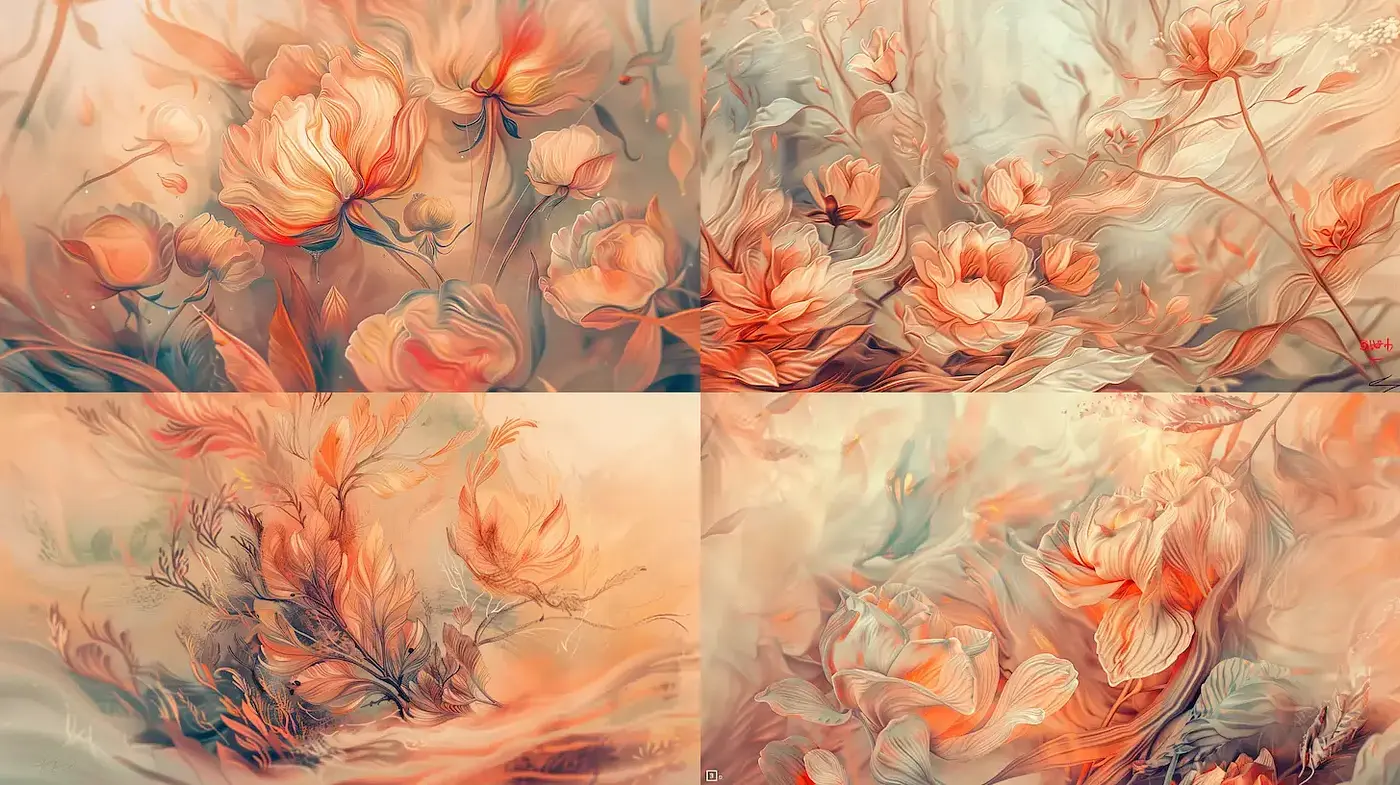 Ethereal Floral Abstraction with Fluid Textures and Light Color Palette - Midjourney sref style
