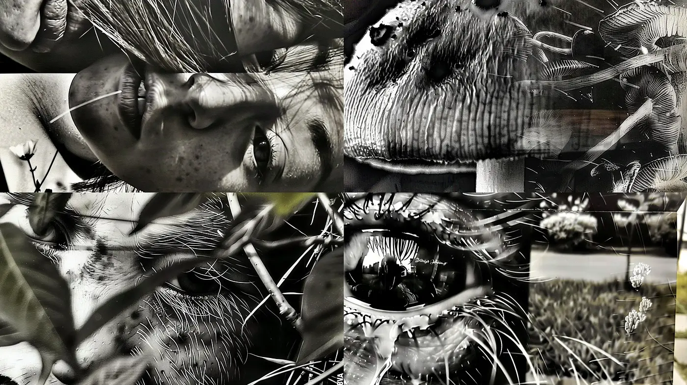Monochromatic Textural Fusion of Natural and Human Elements - Midjourney sref style