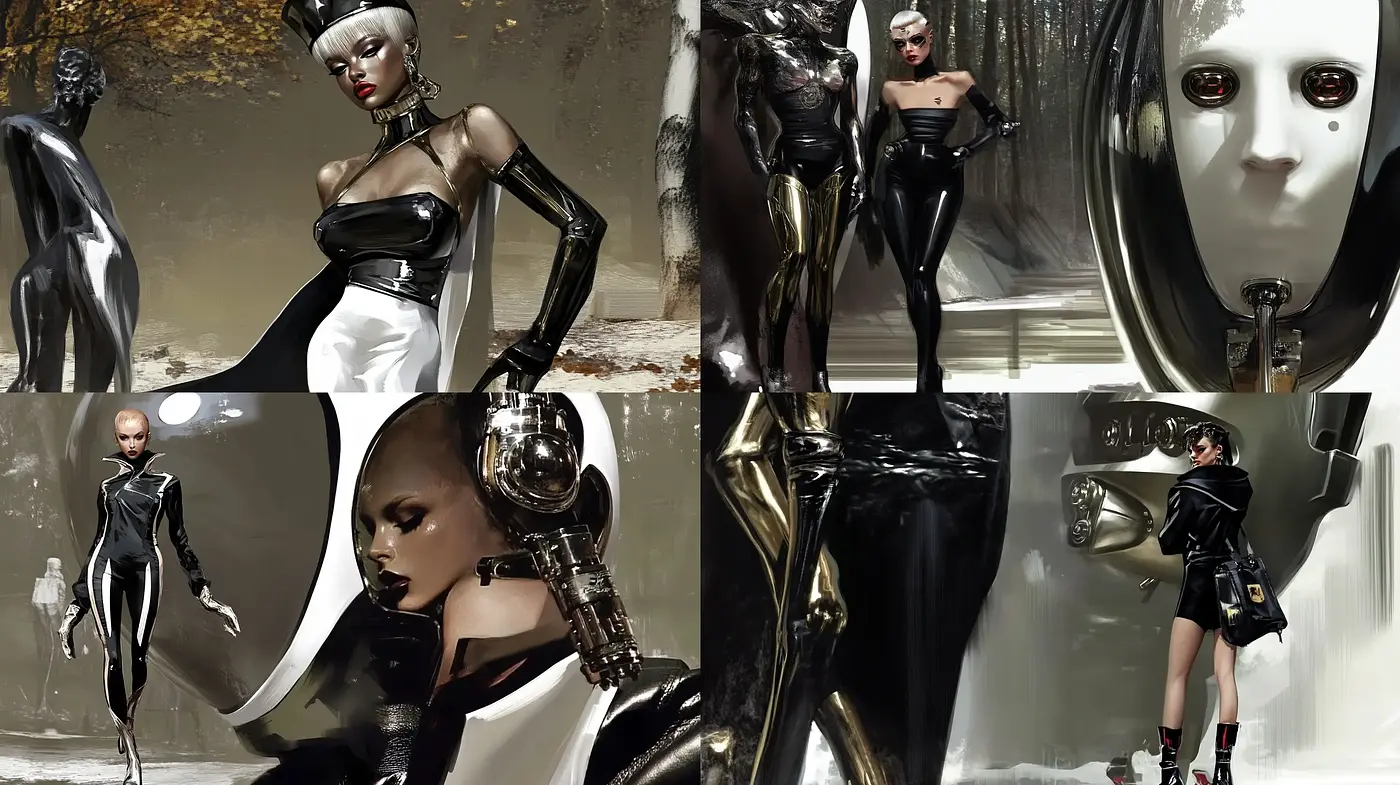 Futuristic Noir Synthetics: An Amplified Reality of Gloss and Shadow - Midjourney sref style