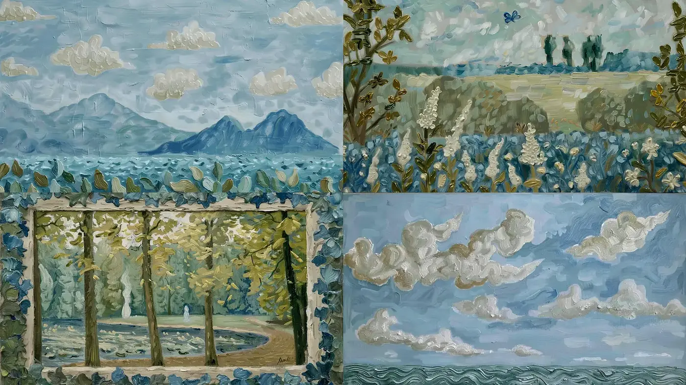 Serene Landscapes with Textural Brushwork and Soft Tones - Midjourney sref style