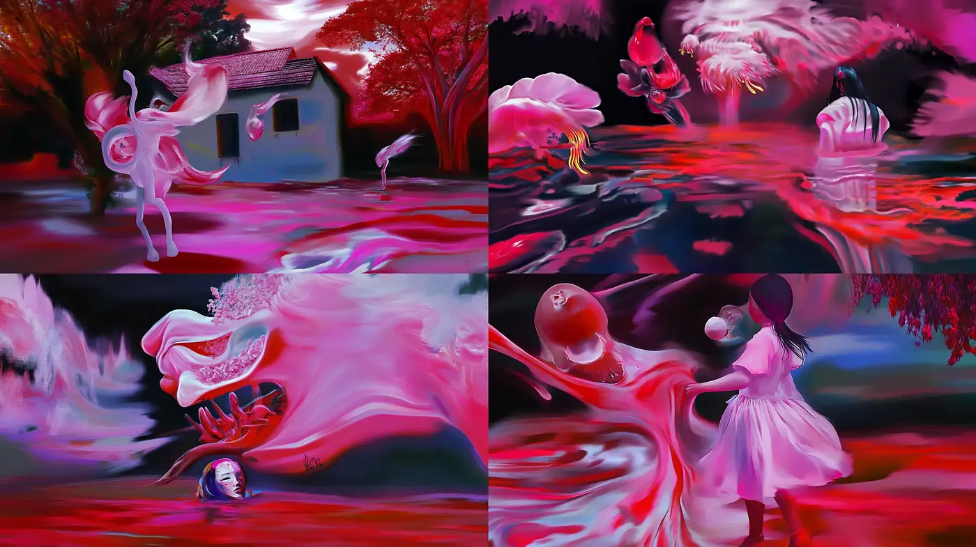 Surreal Dreamscape in Vivid Crimson and Magenta Hues - Midjourney sref style