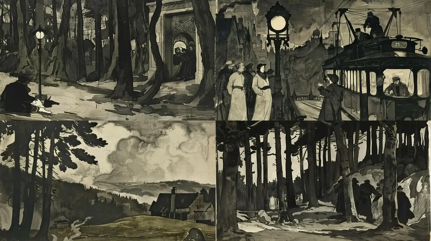 Monochrome Nostalgia: A Homage to Early 20th Century Storybook Illustrations - Midjourney sref style
