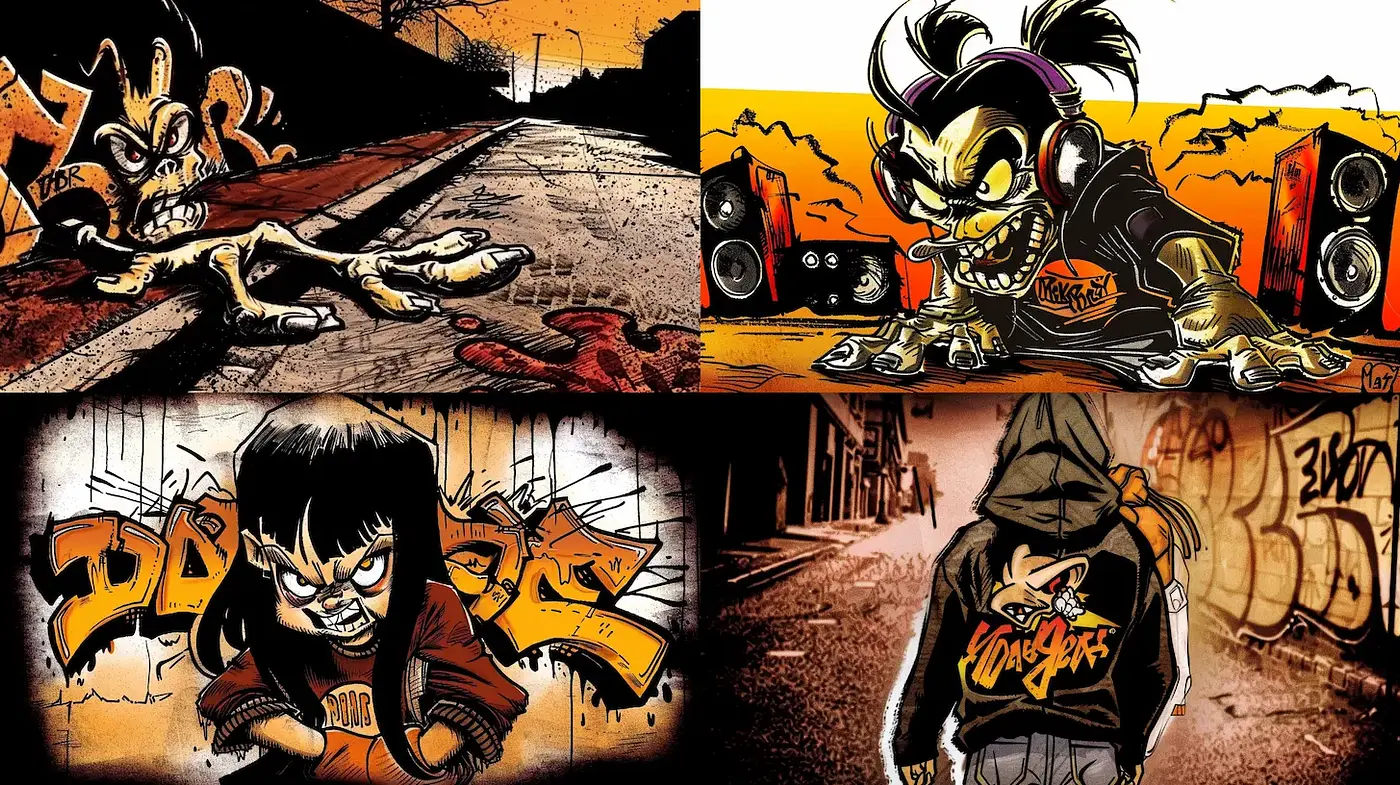 Dynamic and Edgy Urban Graffiti Style with a Touch of Rebellion - Midjourney sref style
