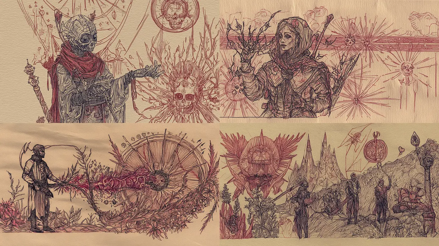 Ethereal Occult Sketches with a Sunset Hued Palette - Midjourney sref style