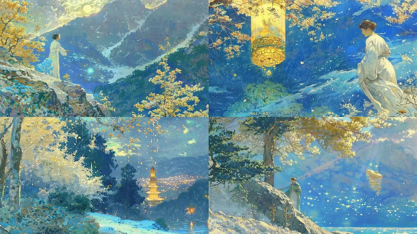 Ethereal Twilight Luminance: An Ode to Pastoral Serenity and Starlit Dreams - Midjourney sref style
