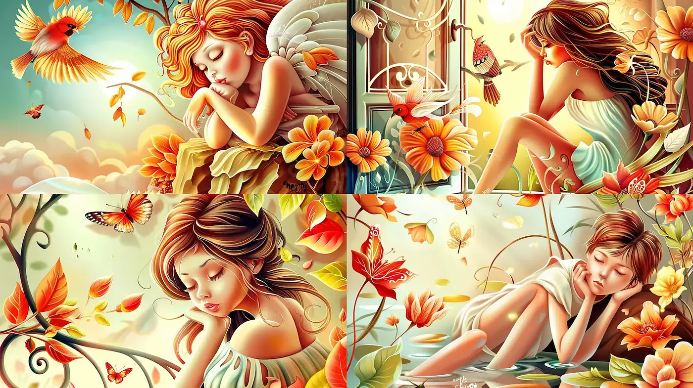 Whimsical, vibrant art with a serene, dreamlike quality featuring nature and soft emotional expressions - Midjourney sref style