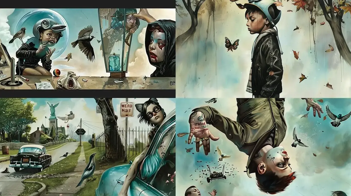 Surreal Figurative Art with a Touch of Nostalgia and Dark Whimsy - Midjourney sref style