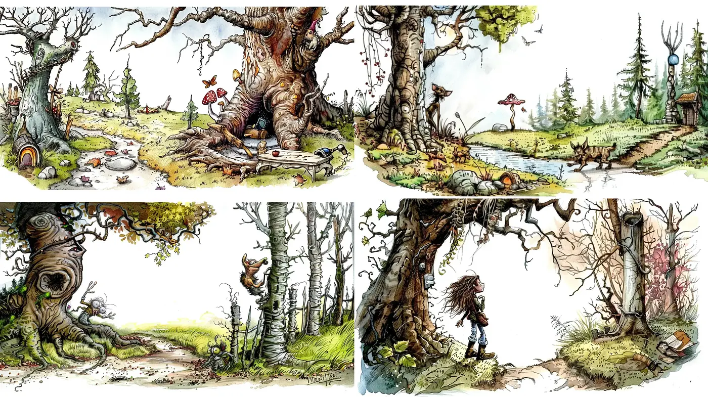 Enchanted Forest Whimsy: A Study in Rustic Fantasy Illustration - Midjourney sref style