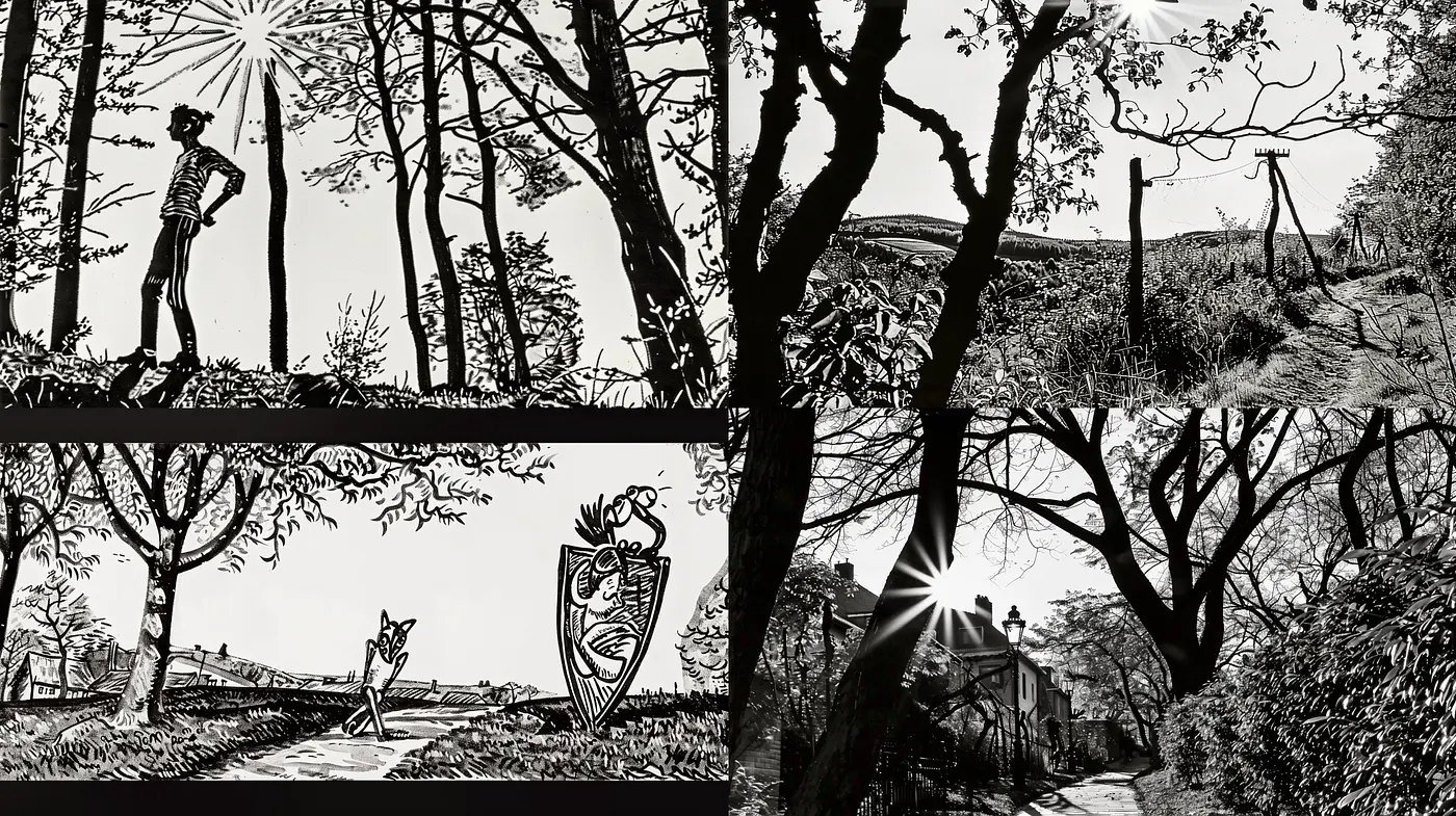 Monochromatic Silhouettes amidst Natural Environments: A Consistent Vintage Woodcut Vibe - Midjourney sref style