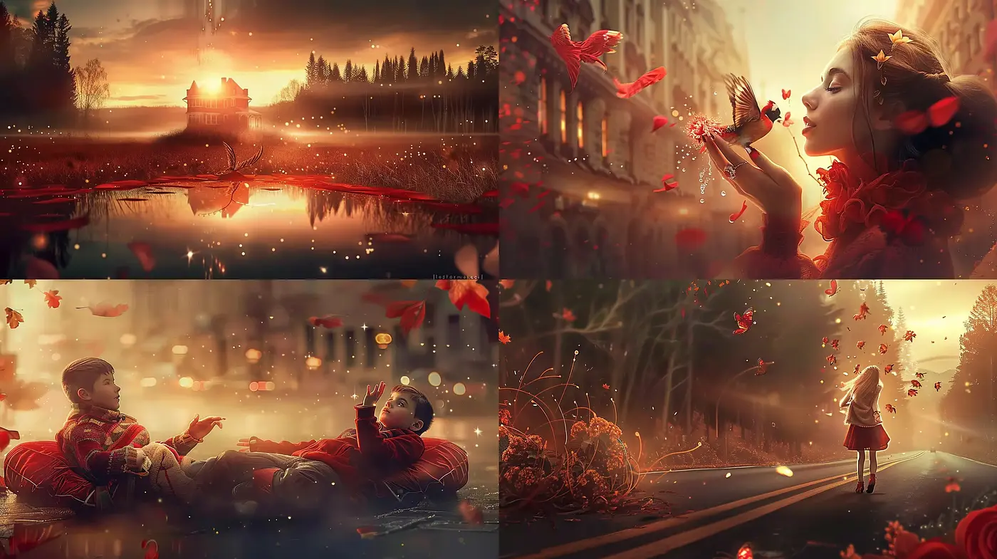 Ethereal Twilight Dreams in Crimson and Gold - Midjourney sref style