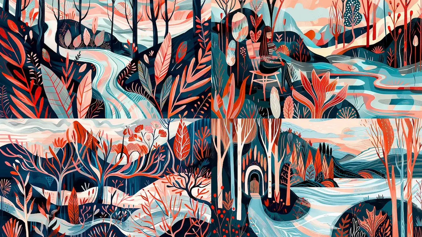 Vibrant and stylized landscape with organic forms and contrasting colors - Midjourney sref style