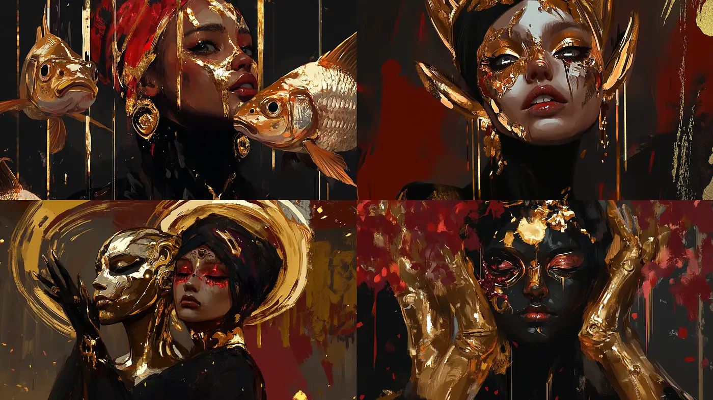 Fragmented Elegance in Gold and Crimson - Midjourney sref style